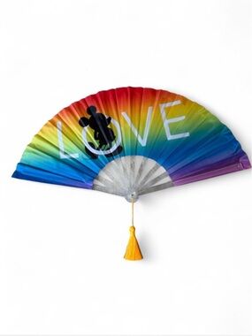 Disney Rainbow Pride'LOVE' Folding Fan with Yellow Tassel